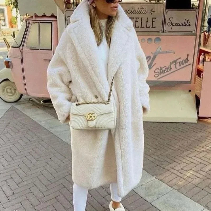 Women's Double-Breasted Faux-Fur Coat with Pockets