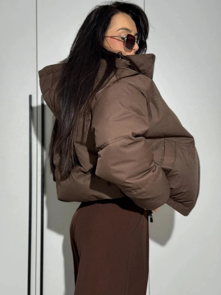 Solid Color Loose Short Women's Cotton Clothing Fashion Stand Up Collar Zipper Elastic Cuff Pocket Jacket 2026 Winter Daily Wear