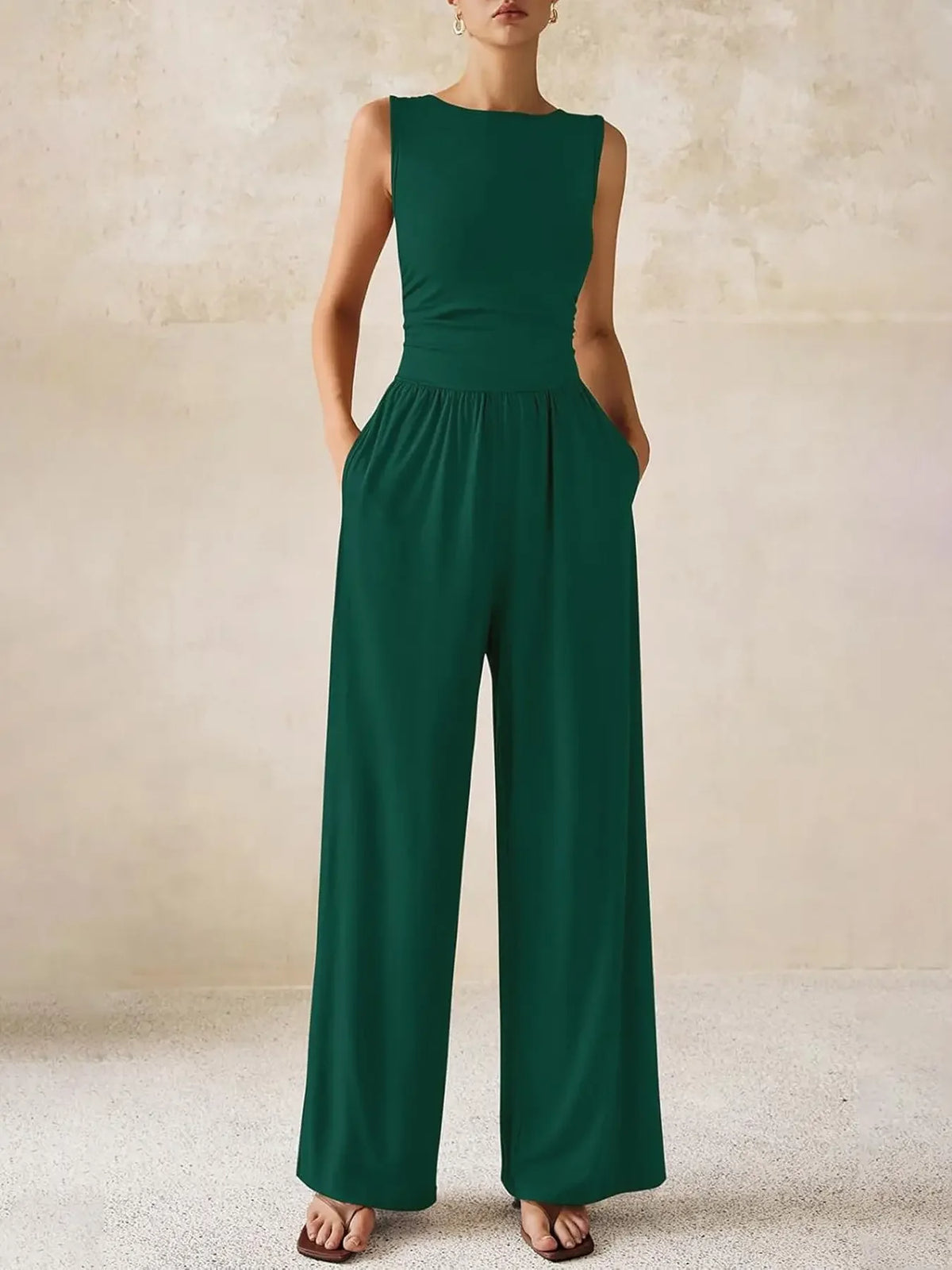 Women Crew Neck Sleeveless Wide Leg Jumpsuit | One Piece Jumpsuits