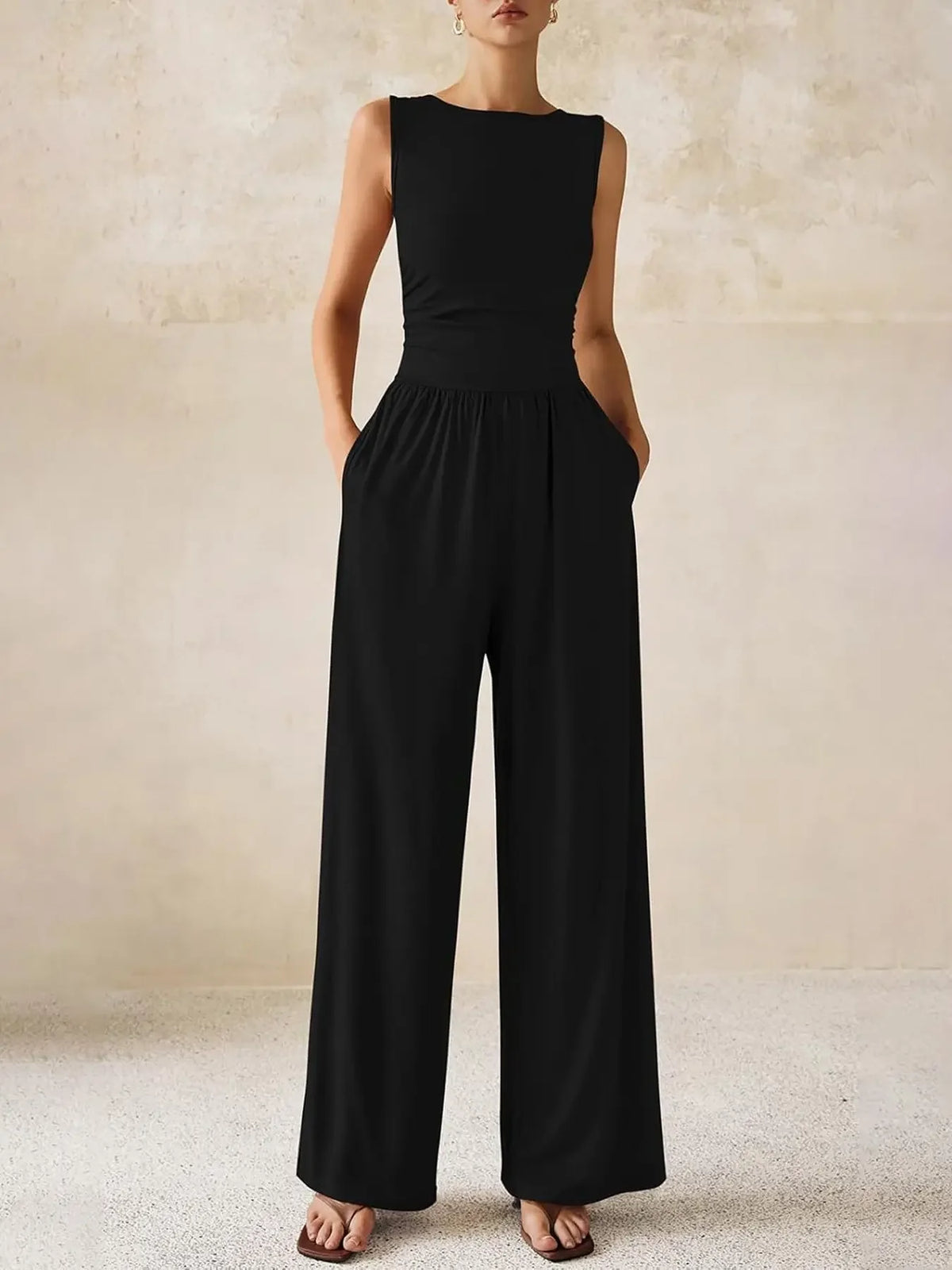 Women Crew Neck Sleeveless Wide Leg Jumpsuit | One Piece Jumpsuits