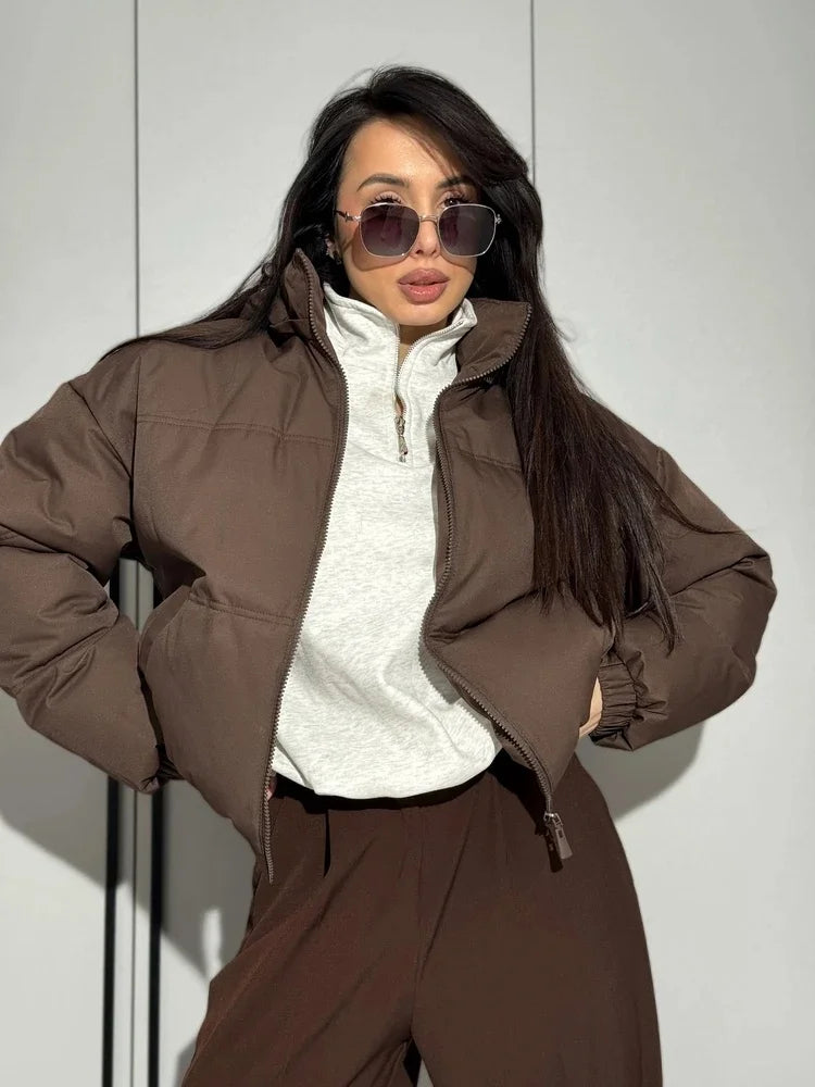 Solid Color Loose Short Women's Cotton Clothing Fashion Stand Up Collar Zipper Elastic Cuff Pocket Jacket 2026 Winter Daily Wear