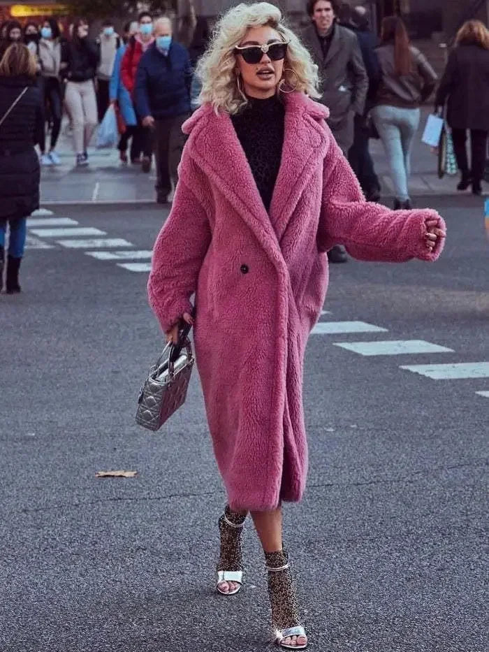 Women's Double-Breasted Faux-Fur Coat with Pockets