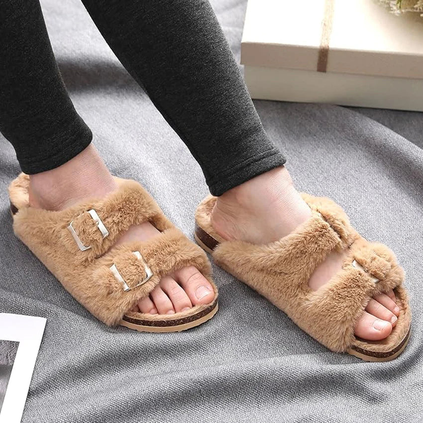 Shevalues Fuzzy Open-Toe Slippers with Adjustable Buckles