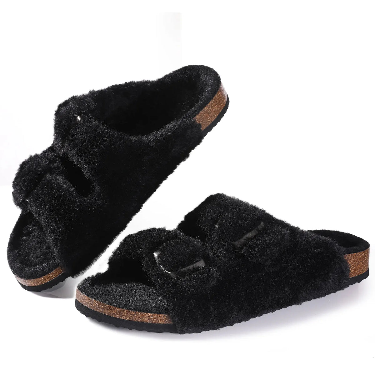 Shevalues Fuzzy Open-Toe Slippers with Adjustable Buckles