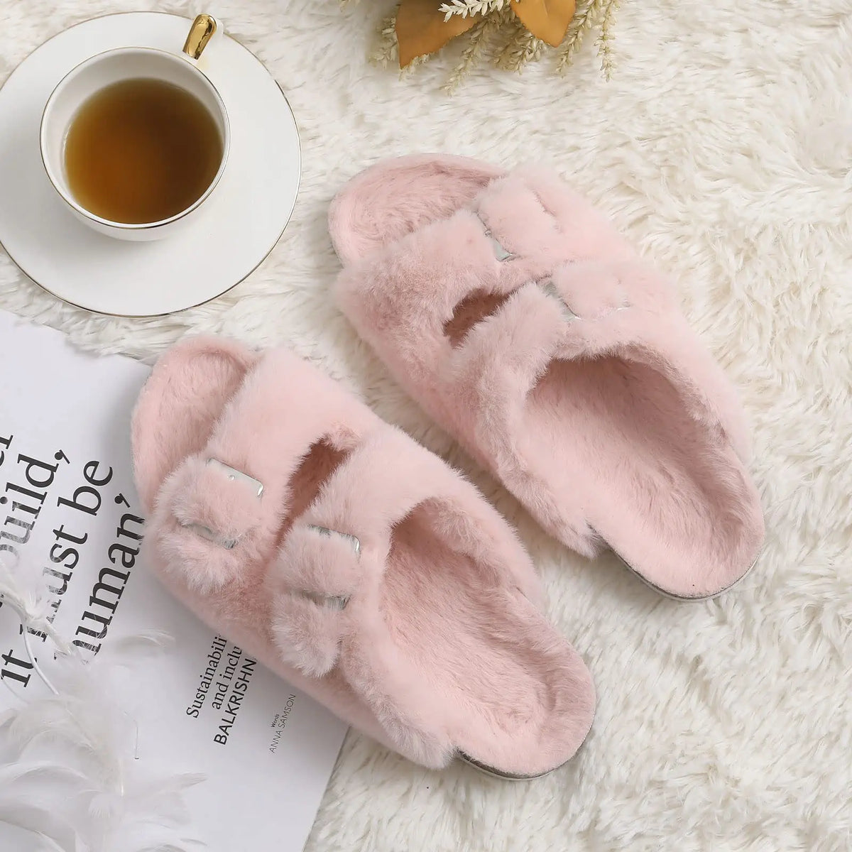 Evshine Faux-Fur Slides with Adjustable Buckles and Cork Footbed