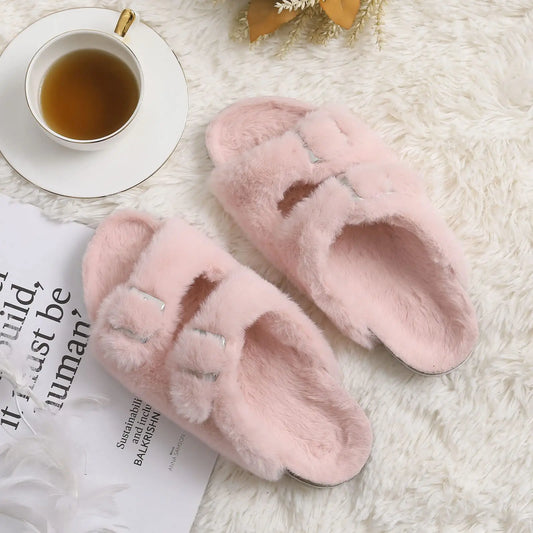 Evshine Faux-Fur Slides with Adjustable Buckles and Cork Footbed