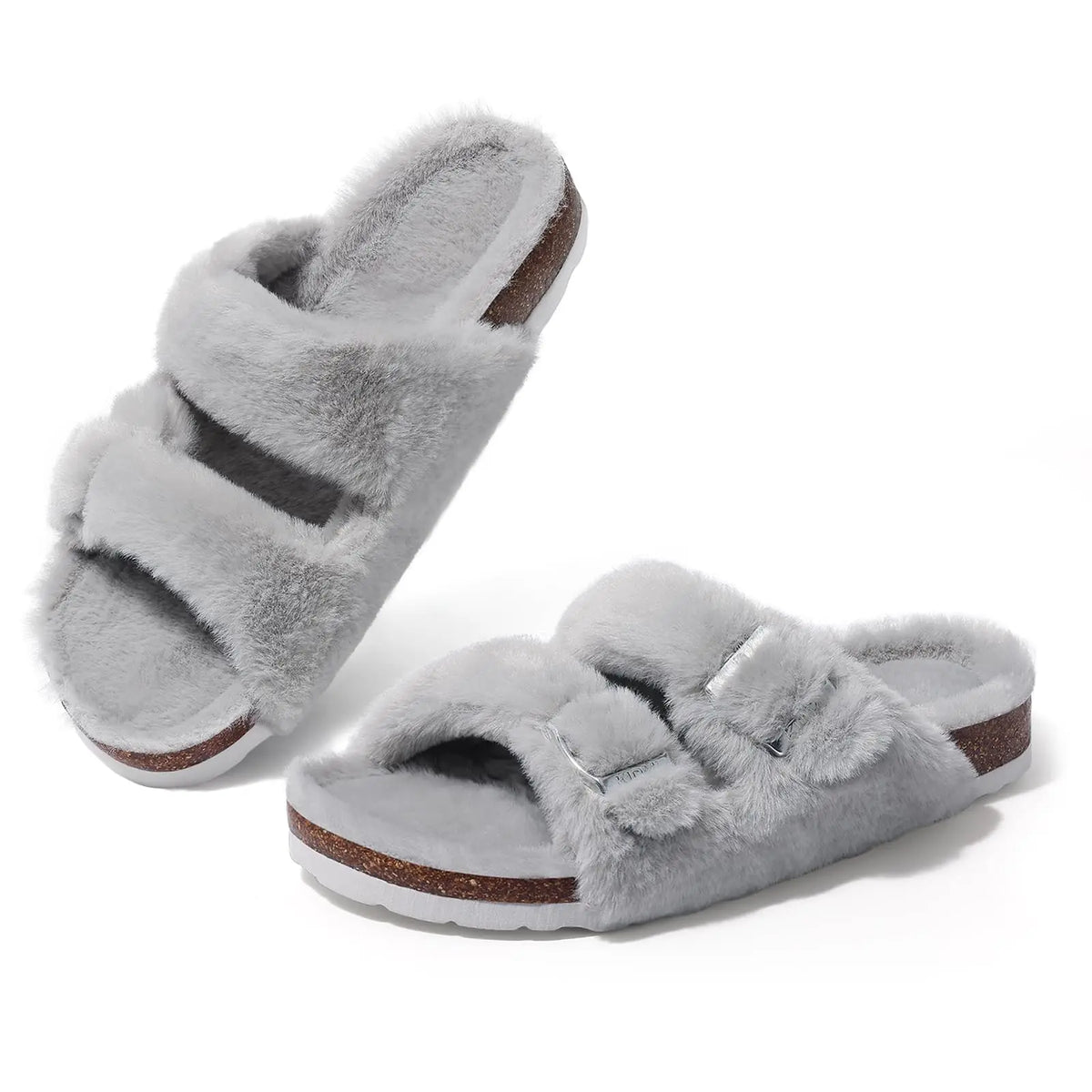 Evshine Faux-Fur Slides with Adjustable Buckles and Cork Footbed