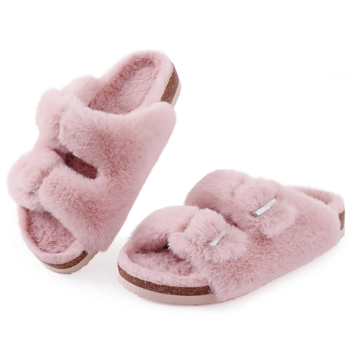 Evshine Faux-Fur Slides with Adjustable Buckles and Cork Footbed