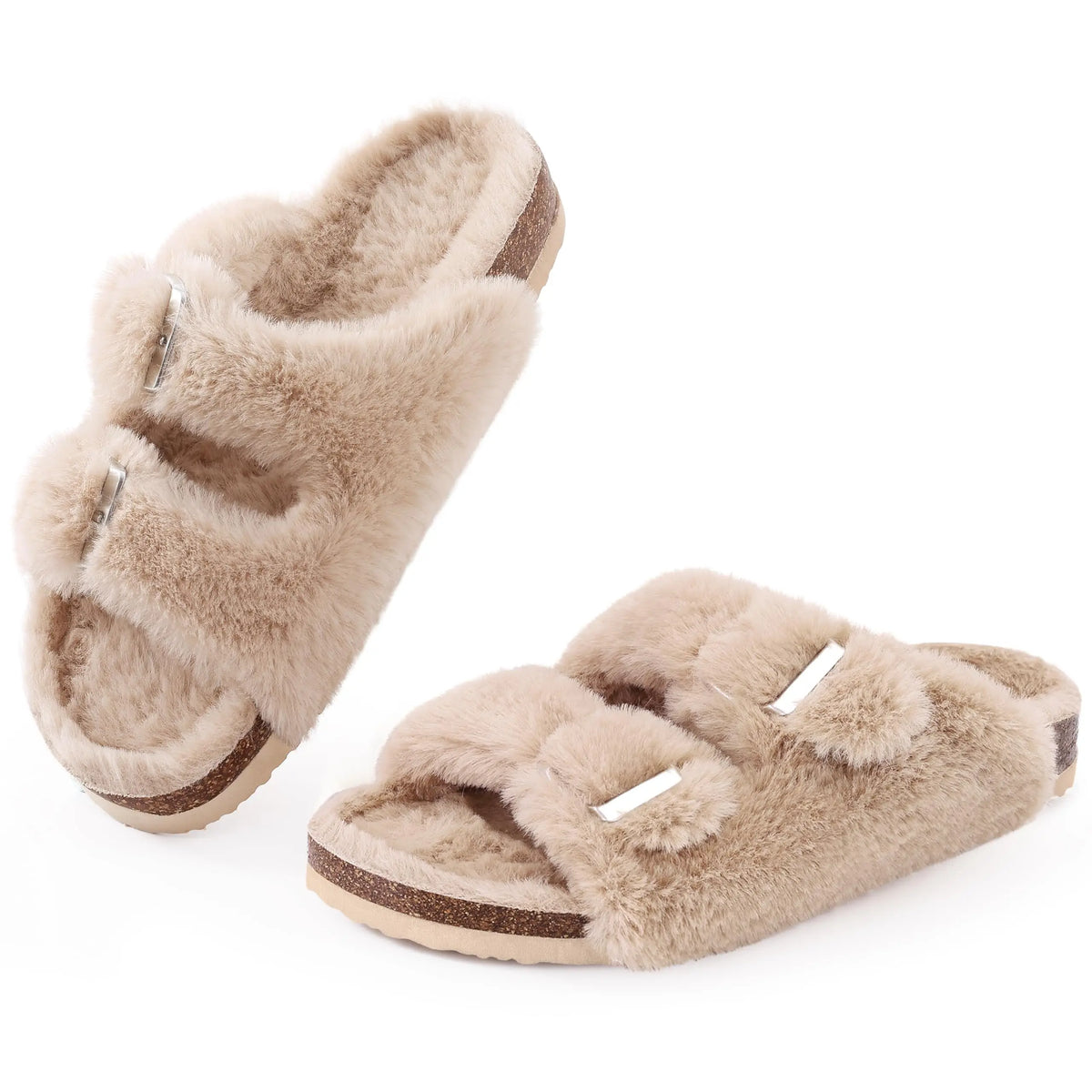Evshine Faux-Fur Slides with Adjustable Buckles and Cork Footbed