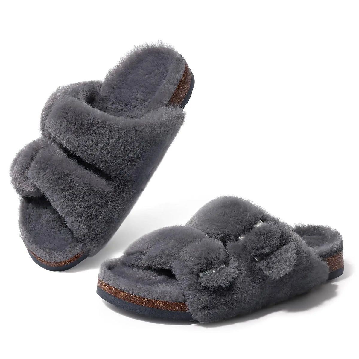 Evshine Faux-Fur Slides with Adjustable Buckles and Cork Footbed