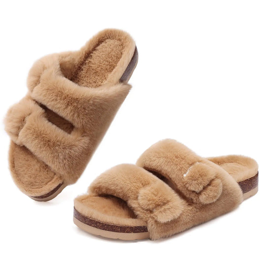 Shevalues Fuzzy Open-Toe Slippers with Adjustable Buckles