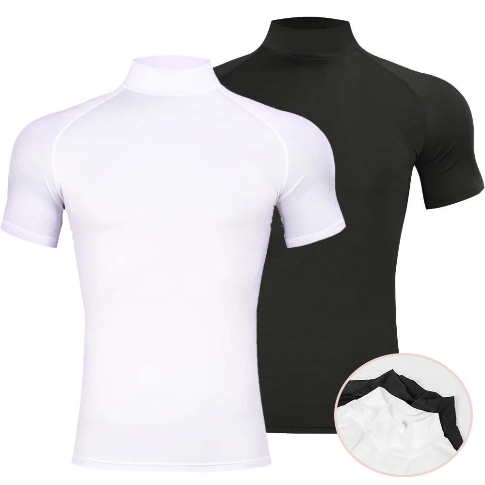 Mens Bodybuilding Sports Tight T-shirt Summer Compression Turtleneck Short Sleeve Gym Fitness Running Quick Dry Male Workout Top