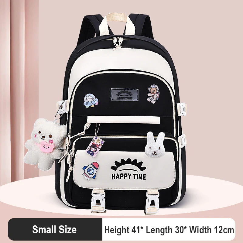 Women's Multi-Pocket Nylon Backpack | Preppy, With Charms