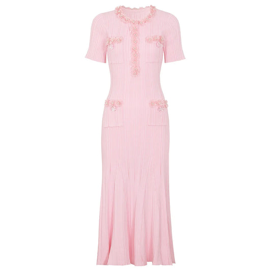 Cindy Knitted Sweater Dresses for Women | 2026 Fashion Short Sleeve Pearls Dress | Midi Elegant Party Dress