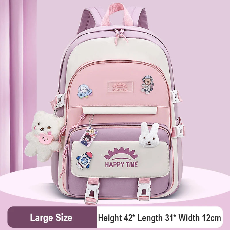 Women's Multi-Pocket Nylon Backpack | Preppy, With Charms