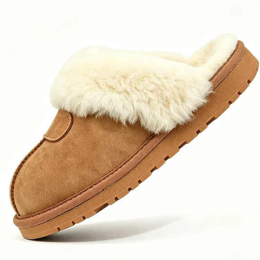 Women's Suede Slippers with Wool Lining and Rubber Soles