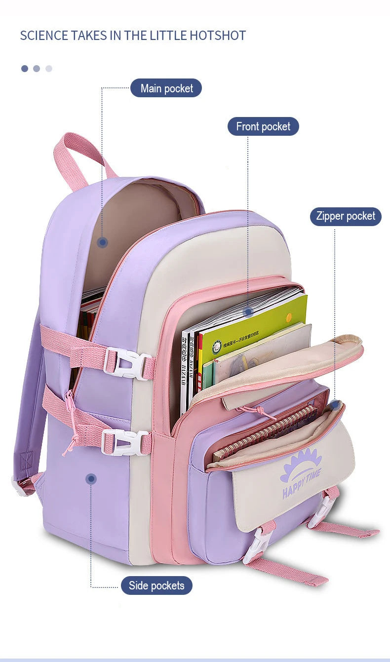Women's Multi-Pocket Nylon Backpack | Preppy, With Charms