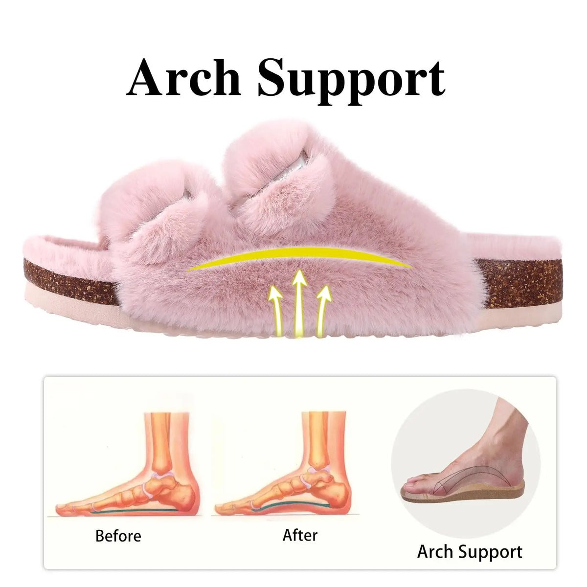 Evshine Faux-Fur Slides with Adjustable Buckles and Cork Footbed