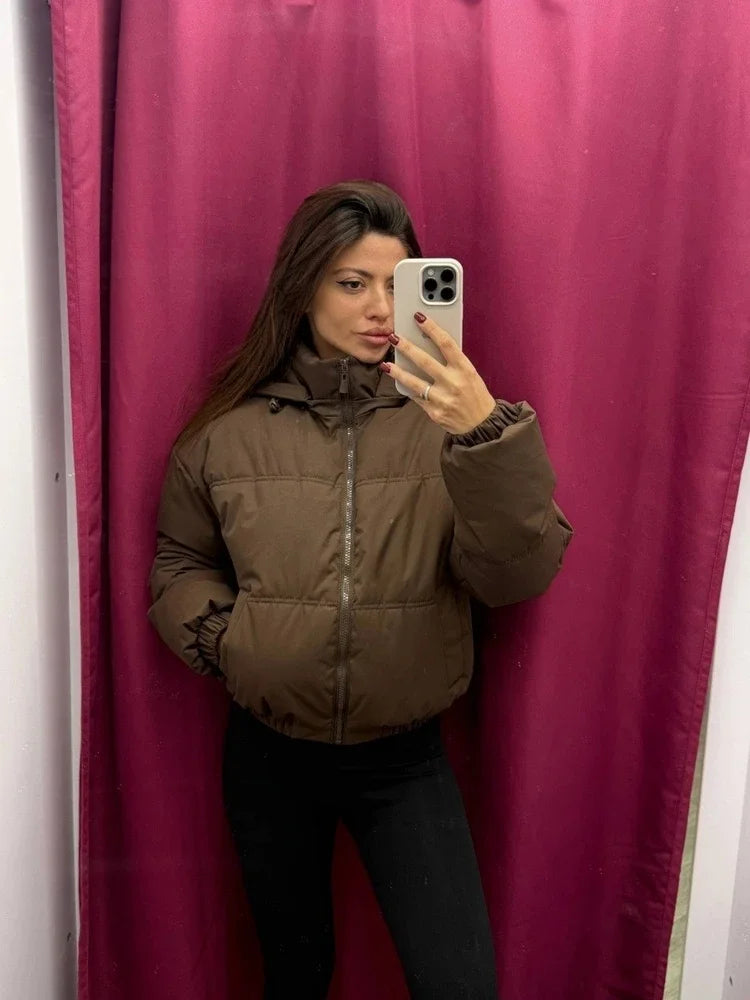Solid Color Loose Short Women's Cotton Clothing Fashion Stand Up Collar Zipper Elastic Cuff Pocket Jacket 2026 Winter Daily Wear