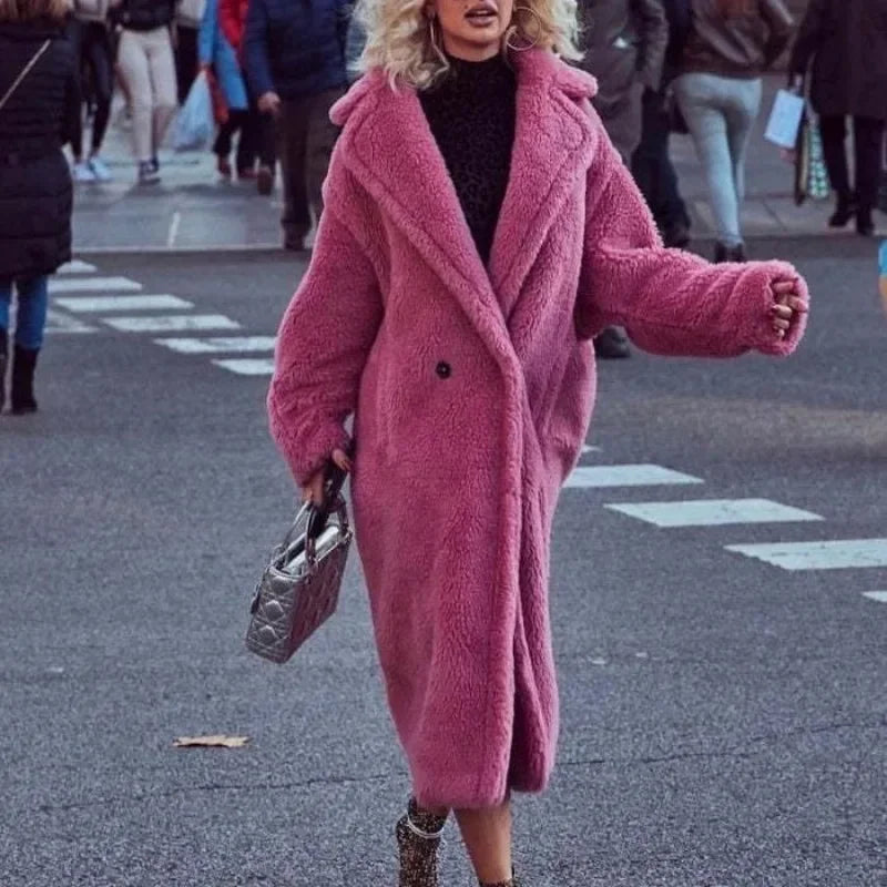 Women's Double-Breasted Faux-Fur Coat with Pockets