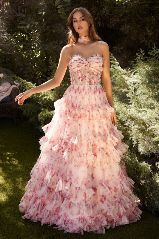 FLORAL PRINTED STRAPLESS DRESS CDA1334