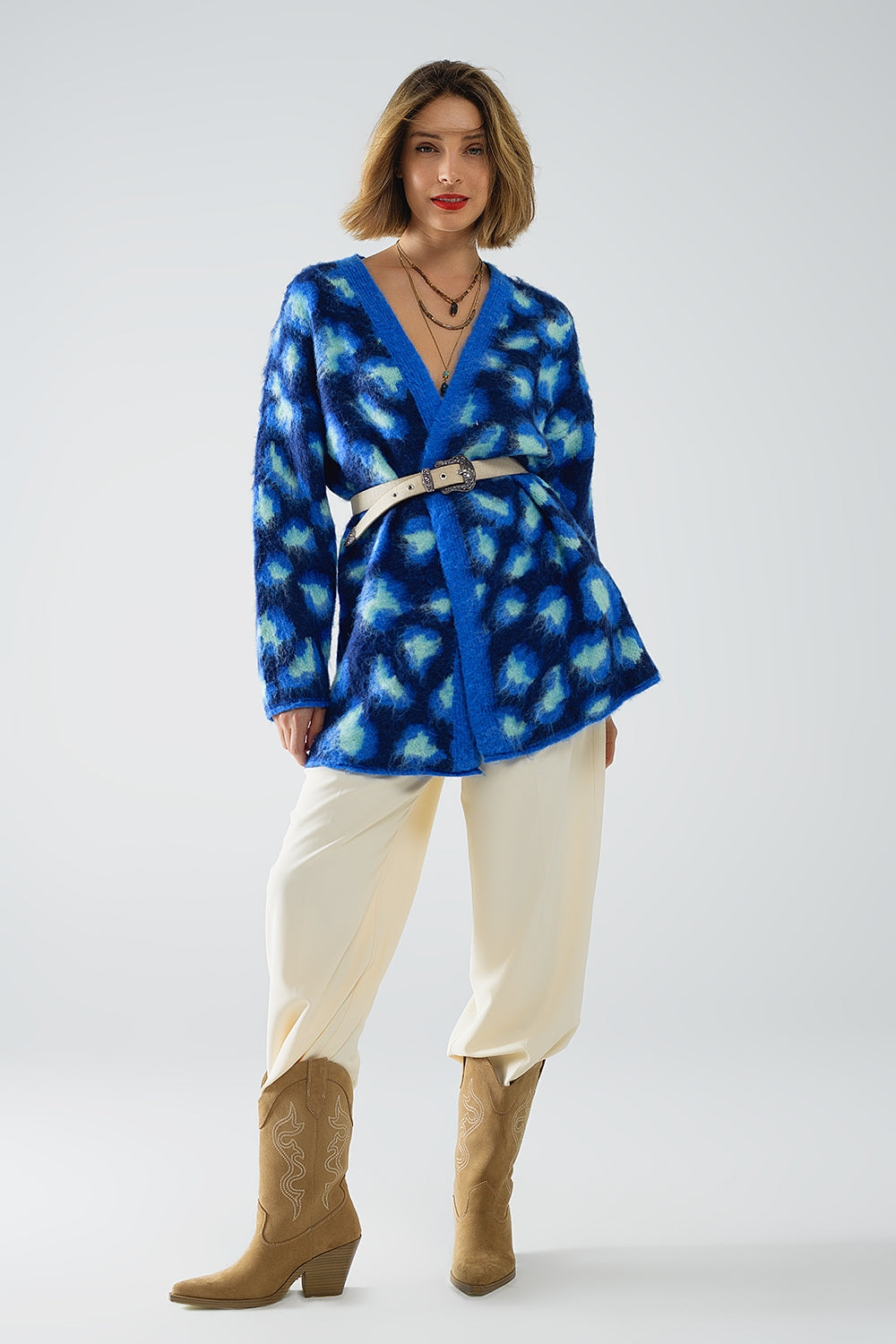 Leopard Print Wool-Blend Cardigan in Blue