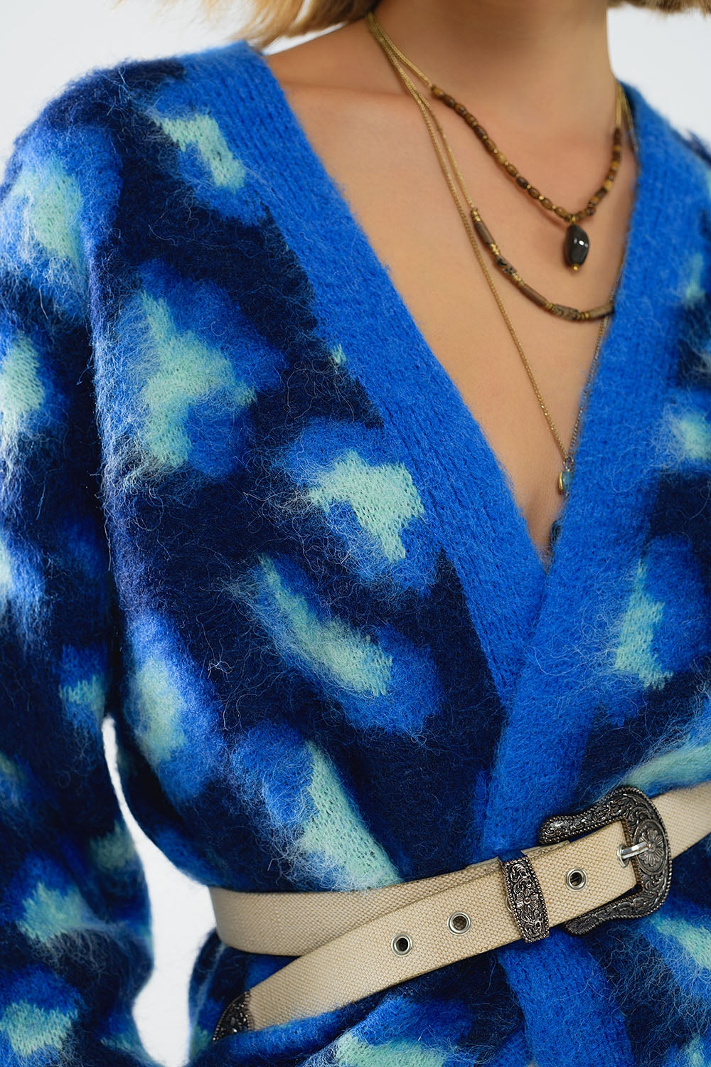 Leopard Print Wool-Blend Cardigan in Blue