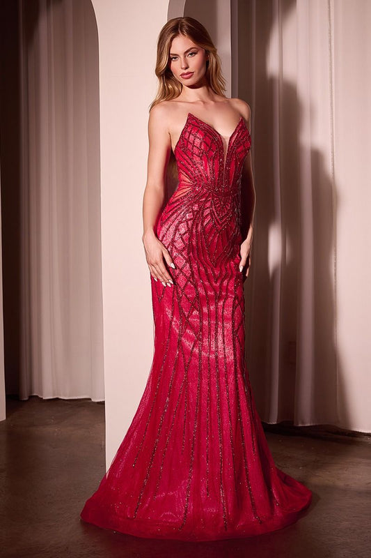 Strapless Crystals Embellished Mermaid Gown w/ Lace Up Back & V-Neckline CC6018