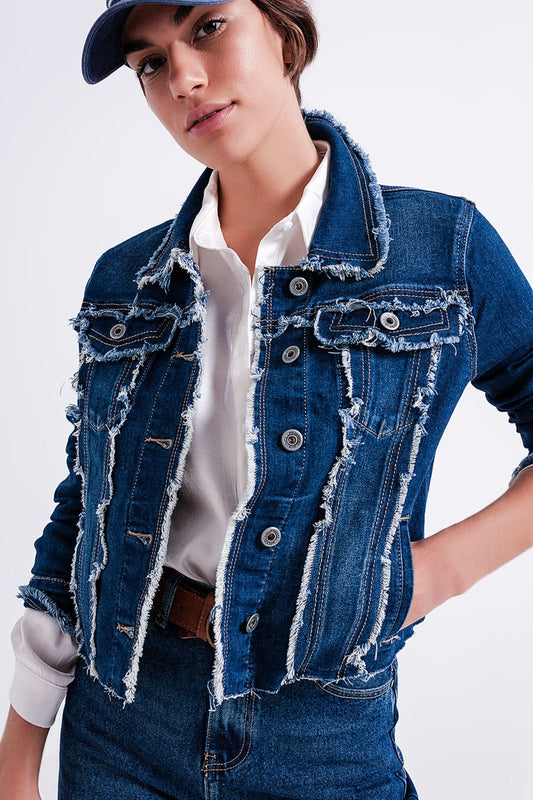 Denim Jacket With Frayed Design and Unfinished Hem