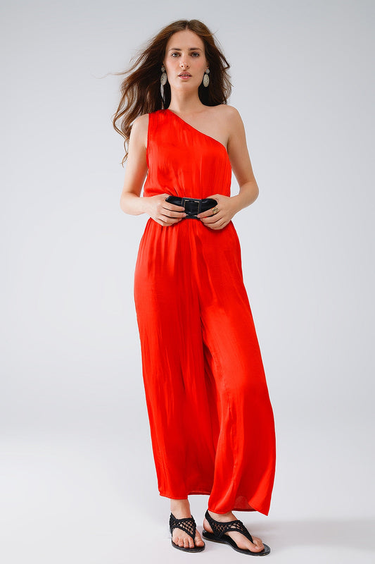 Drapped One Shoulder Jumpsuit With Cinched Waist in Red