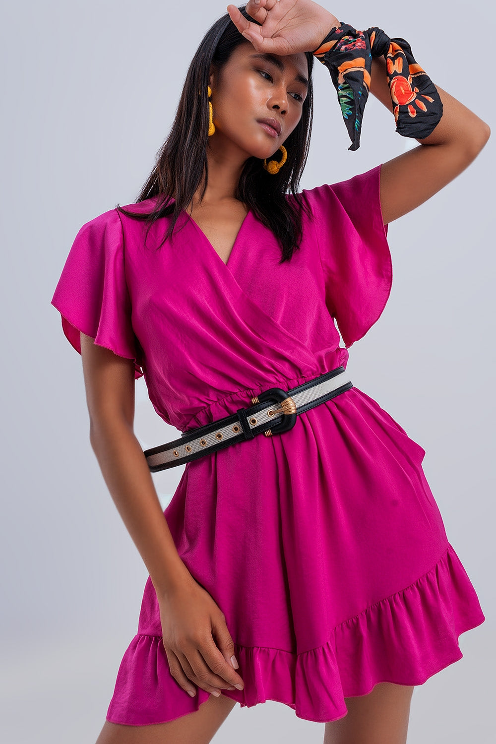 Wrap Front Frill Hem Jumpsuit in Fuchsia